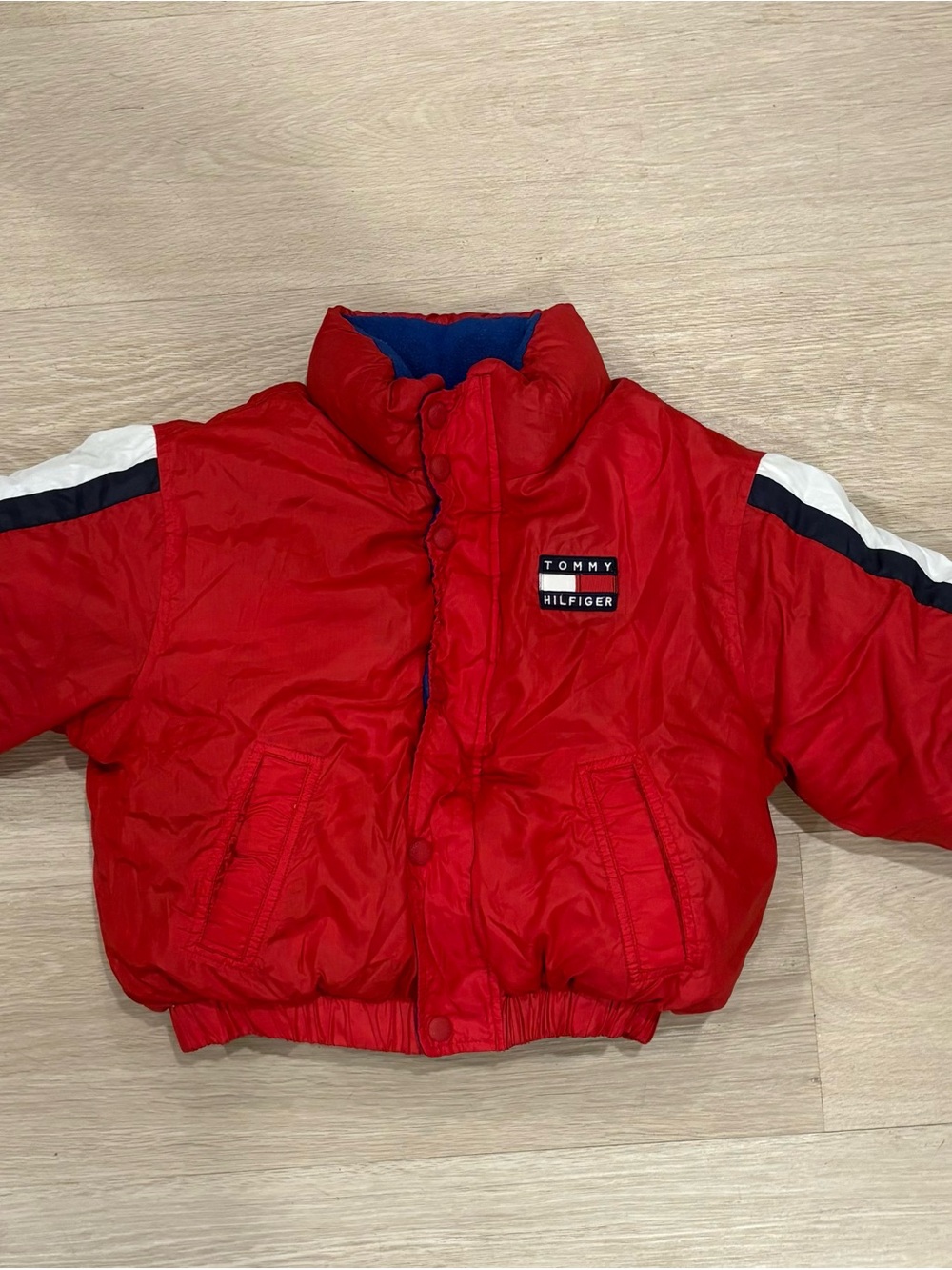 Tommy Hilfiger Kids Red Puffer Jacket with White & Navy Sleeve Stripes 5T